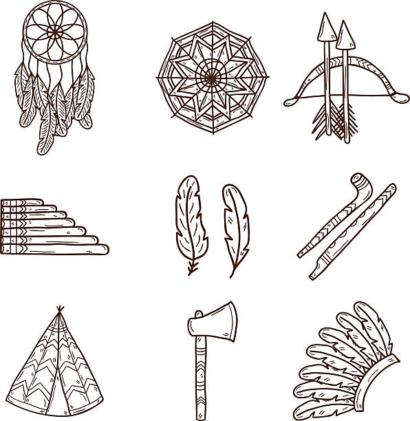 zestaw kreskówka rękę wyciągnąć injun obiektów na temat: tomahawk - injun stock illustrations