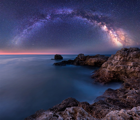 Long time exposure night landscape with Milky Way Galaxy above the Black sea