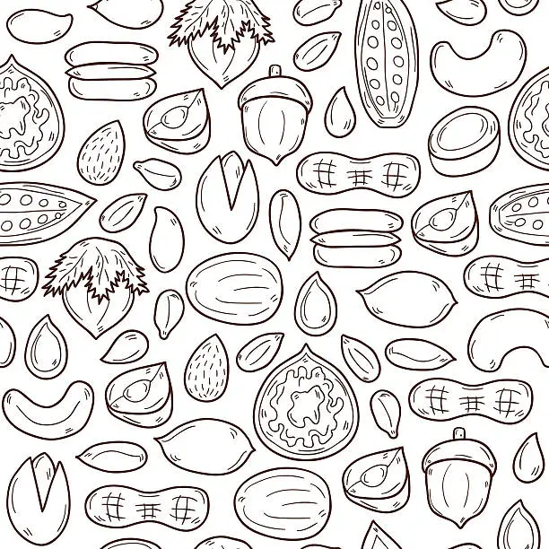 Vector illustration of Sealess background with cartoon hand drawn objects on nuts theme