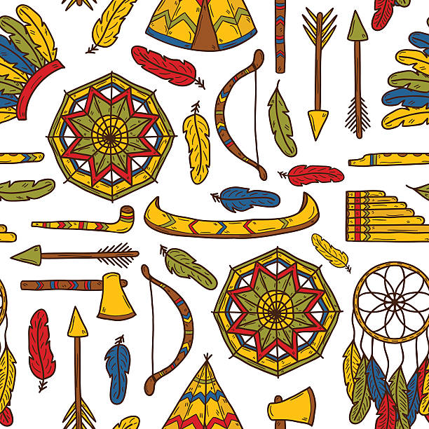ilustrações, clipart, desenhos animados e ícones de sem costura fundo com mão desenhada objetos em injun tema: tomahawk - injun