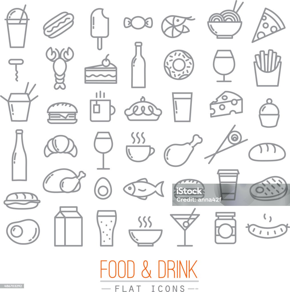 Flat food icons Set of flat food icons drawing with grey lines on white background Icon Symbol stock vector
