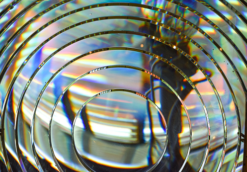 A colorful detail of a fresnel lense at the lighthouse at Ponce Inlet, south of Daytona Beach, Florida.
