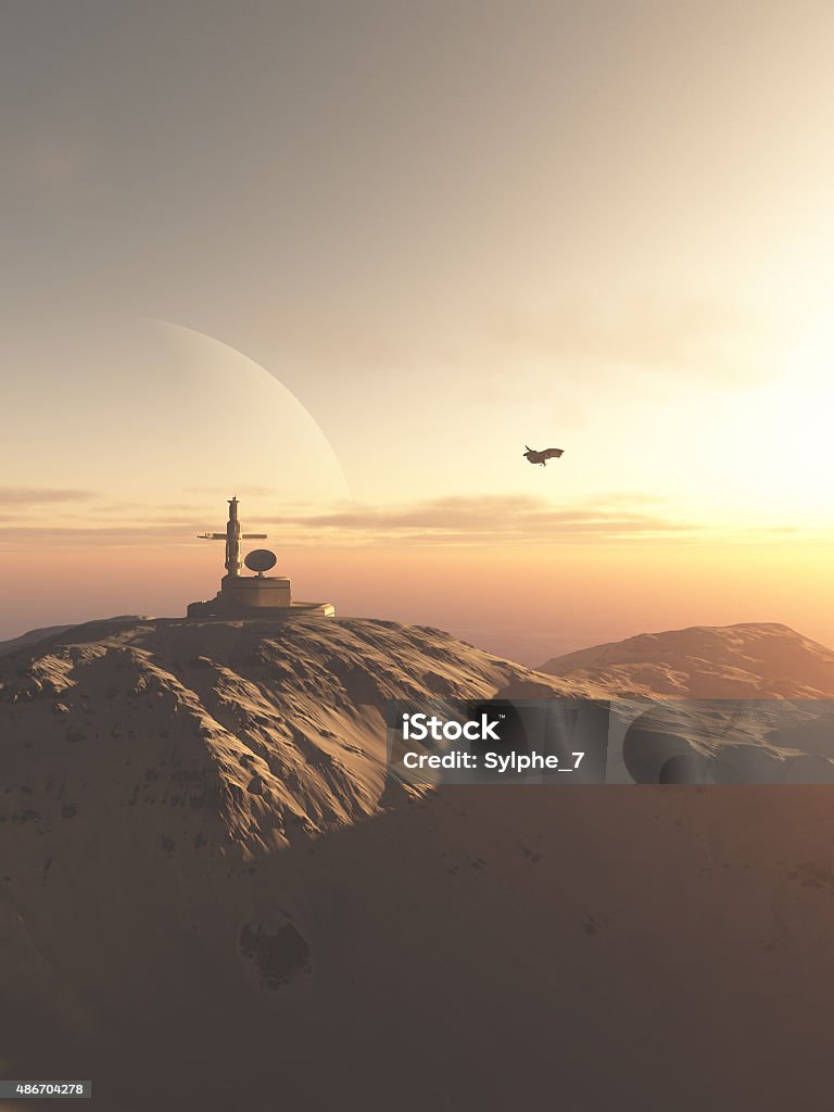 Research Station Outpost on a Desert Planet Science fiction illustration of a mountain-top research station outpost on an alien desert planet at sunset, 3d digitally rendered illustration Military Base Stock Photo