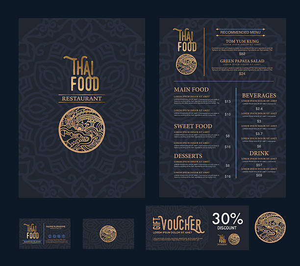 ilustraciones, imágenes clip art, dibujos animados e iconos de stock de vector de plantilla de menú de restaurante de comida tailandesa. - thai cuisine