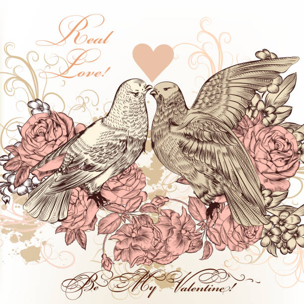 패션 발렌타인 카드 새와 장미 20송이 빈티지 스타일 - ornate swirl heart shape beautiful stock illustrations