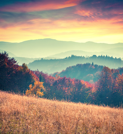 Colorful autumn sunrise in the Carpathian mountains. Sokilsy ridge, Ukraine, Europe. Retro style.