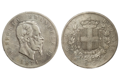ancient coin 5 lira 1874 Vittorio Emanuele II
