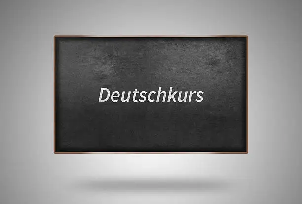 Deutschkurs means language course in English. Concept image for refugee crisis in 2015 in Germany. Floating Blackboard with Wooden Frame and soft shadow on gradient background. Professional digitally created image. If you have a special request, just contact me. Download this great stock image now.