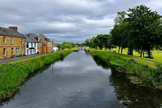small canal navigable, river barges to runoff, Scotland UK
