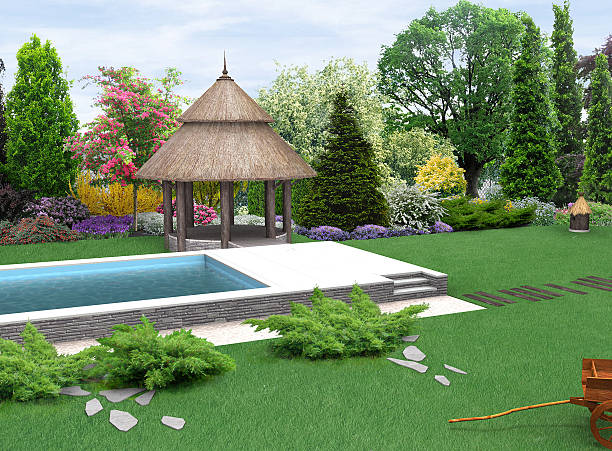 istock Landscaping planting of greenery and gazebo, 3D render 486720726