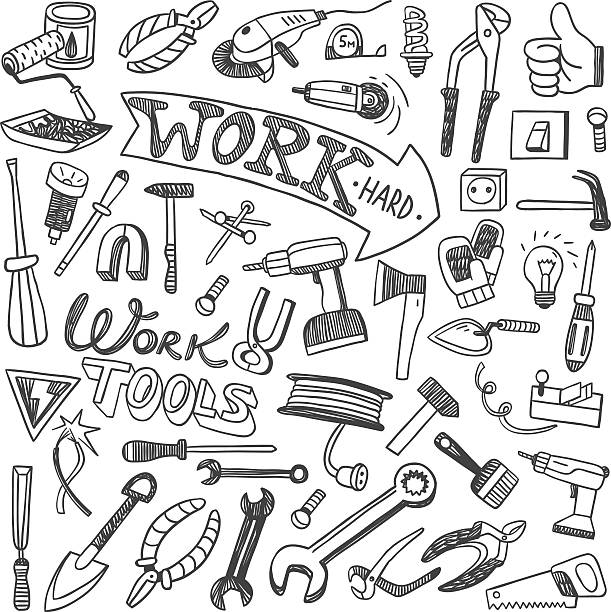 working tools doodles working tools set icons in sketch style drawing of hand tool stock illustrations