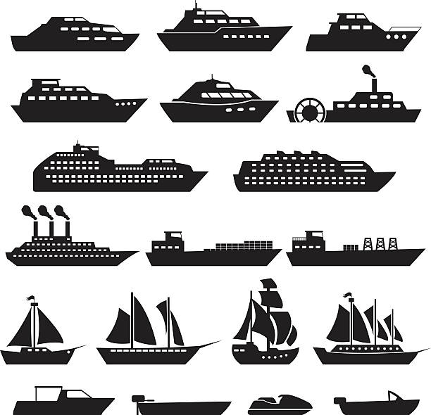 ilustraciones, imágenes clip art, dibujos animados e iconos de stock de barco conjunto de iconos de destino - river passenger ship nautical vessel military ship