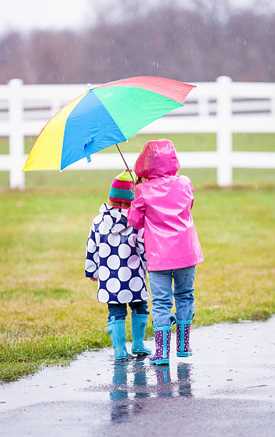 istock Two Young Girls Walking in Rain With Umbrella 486725179