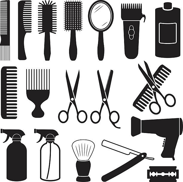 ilustraciones, imágenes clip art, dibujos animados e iconos de stock de peluquería iconos - hair care hairbrush hair dryer human hair