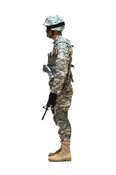 istock Side view of army man standing 486726817