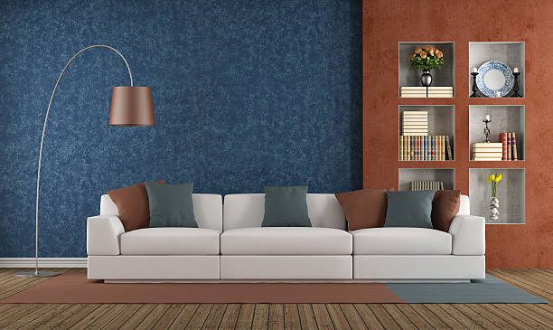 istock Blue and orange living room 486727365