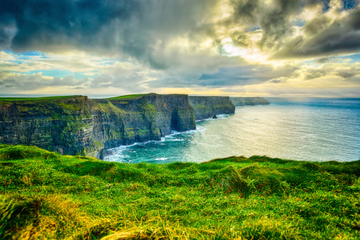 Cliffs of Moher, County Clare, Ireland, The Burren, Europe are one of Ireland's top touristic attractions. The maximum height of Cliffs is 214 m, lenght 8 km. HDR processing.