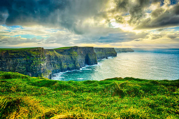 Cliffs of Moher, County Clare, Ireland, The Burren, Europe are one of Ireland's top touristic attractions. The maximum height of Cliffs is 214 m, lenght 8 km. HDR processing.