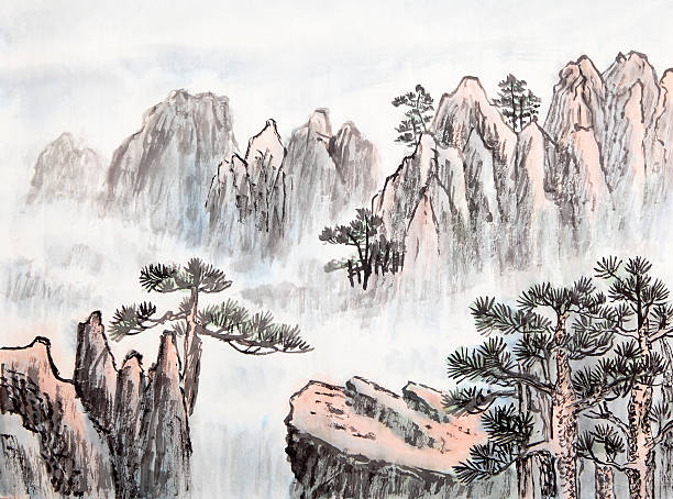 chinês tradicional pintura de paisagem - balsa tree imagens e fotografias de stock