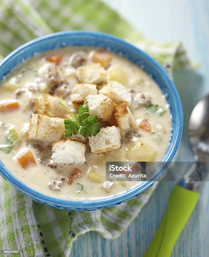 Cheeseburger Soup Cheeseburger Soup with ground beef and vegetable Cheese Stock Photo