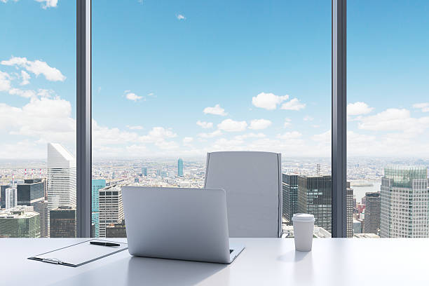 istock workplace in a modern panoramic office with New York view. 486733456