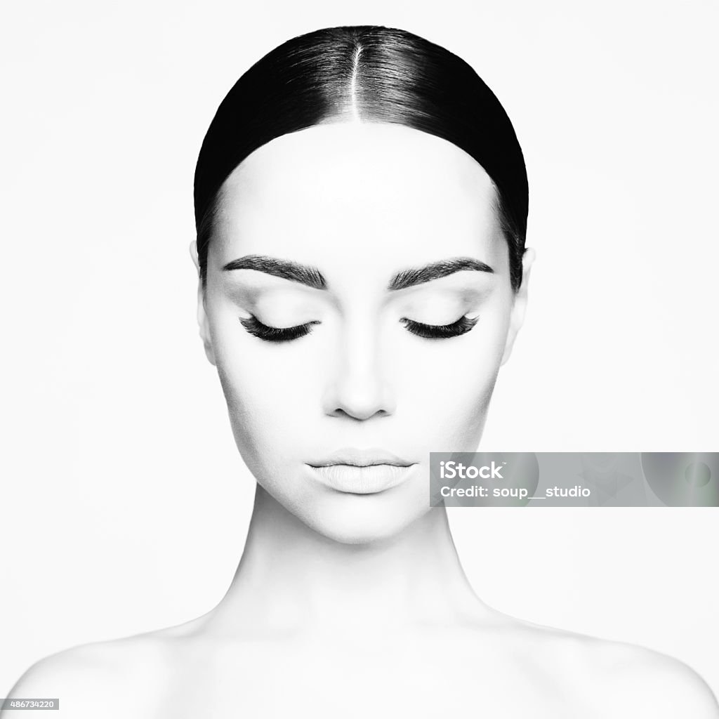 Pure beauty Black and white studio portrait of beautiful young woman. Beauty and care. Extension eyelashes. Spa salon Eyebrow Stock Photo