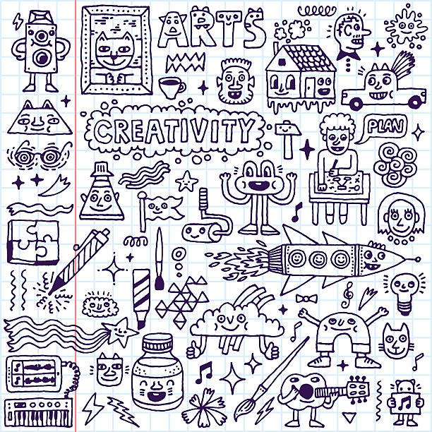 Creativity Activities Funny Doodle Cartoon Set 1. Arts and Crafts. Creativity Activities Funny Doodle Cartoon Set 1. Arts and Crafts. Vector Hand Drawn Illustration Pattern. School Notebook. teenager doodle stock illustrations