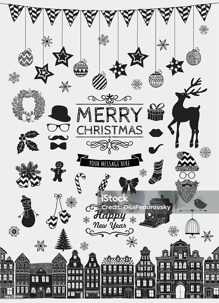 Vector Black Hand Sketched Christmas Doodle Icons Set of Black Hand Sketched Christmas Doodle Icons, Shapes, Symbols. Xmas Vector Illustration. Text Lettering. Party Design Elements, Cartoons, Seamless Houses. Christmas stock vector