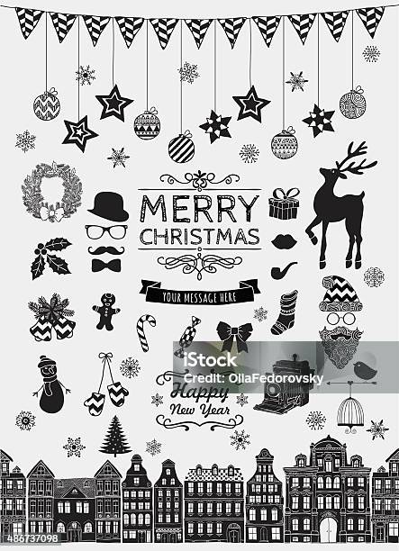 Vector Black Hand Sketched Christmas Doodle Icons Stock Illustration - Download Image Now - Christmas, Black And White, Border - Frame
