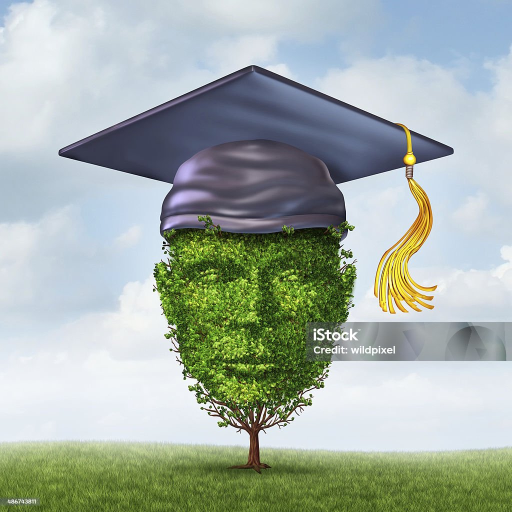 Education Growth Education growth concept as a graduation cap or mortar board on a tree shaped as a human head as a symbol of growing career potential through skill learning or environmental studies. Achievement Stock Photo