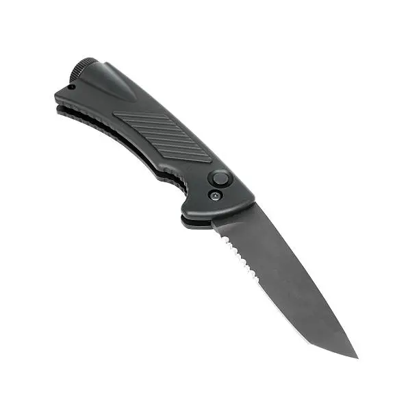 clasp steel knife with black plastic handle
