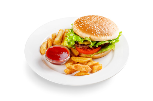 hamburger with fries and sauce on a white background