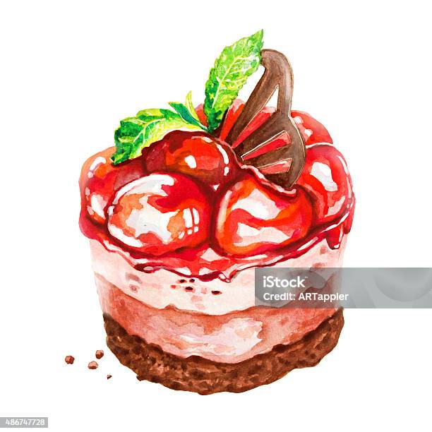 Isolated Watercolor Berry Cake Stock Illustration - Download Image Now - 2015, Baked Pastry Item, Cafe