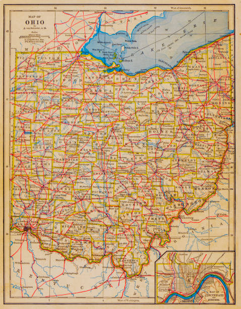 ilustraciones, imágenes clip art, dibujos animados e iconos de stock de 1883 mapa del estado de ohio - michigan ohio state