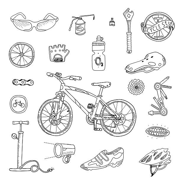 Bicycle stuff. Doodle set in vector isolated on a white background. cycling bicycle pencil drawing cyclist stock illustrations