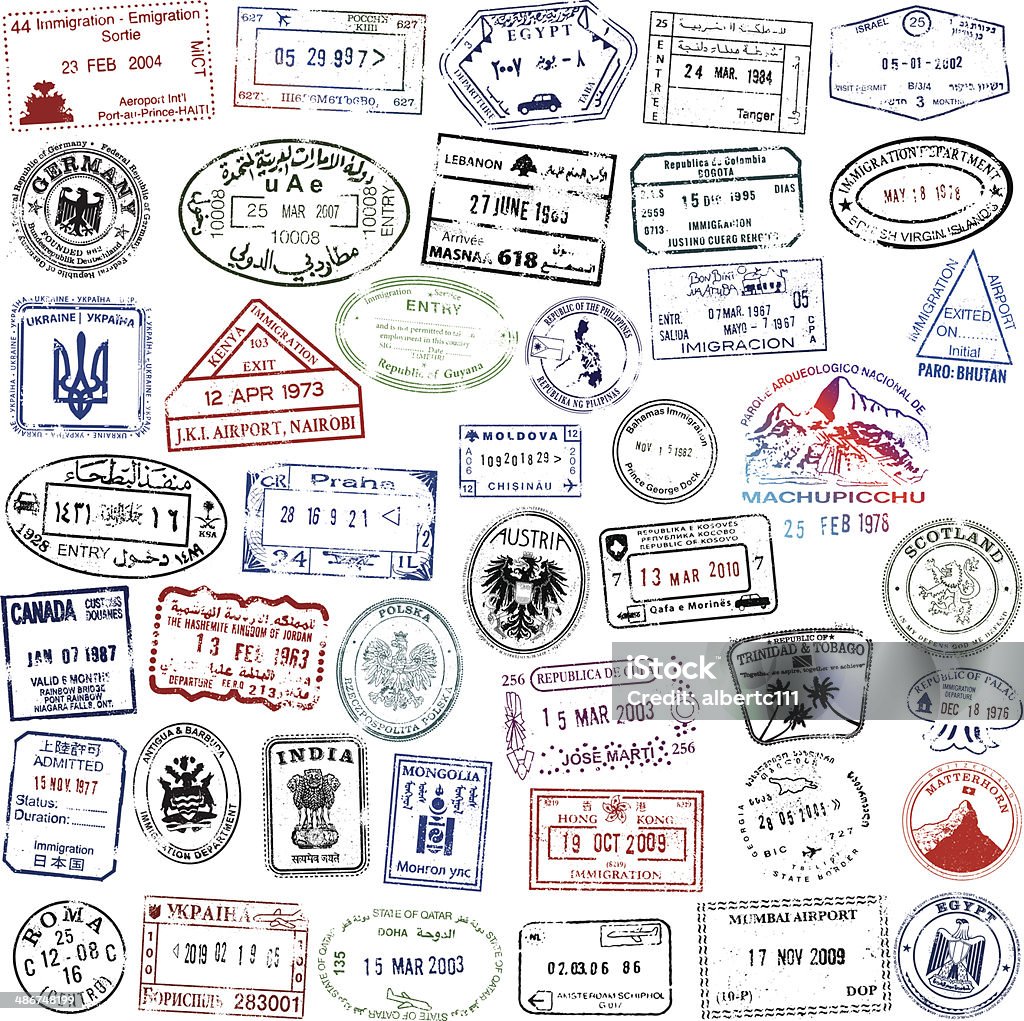 Super Travel Passport Collection Series of Travel Stamps from Far and Wide Passport Stamp stock vector
