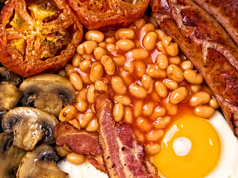close up of full english breakfast food background