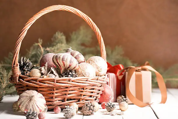 Christmas basket with red and golden ornaments (with copy space)