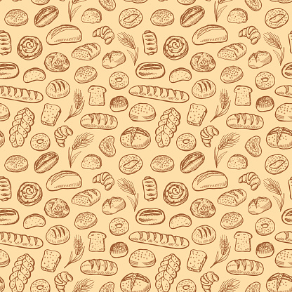 Hand drawn bakery doodles vector seamless pattern.