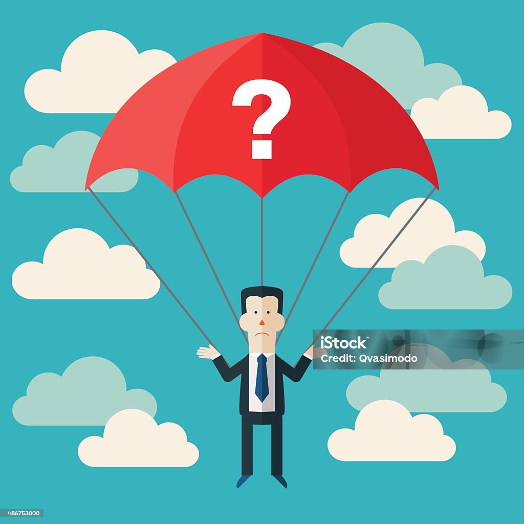 Confused business man with parachute and question mark. Businessman fail Confused business man with parachute and question mark. Concept of businessman fail and problems. Modern flat design. Page not found, 404 error.  2015 stock vector