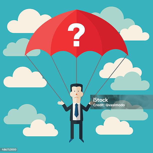 Confused Business Man With Parachute And Question Mark Businessman Fail Stock Illustration - Download Image Now