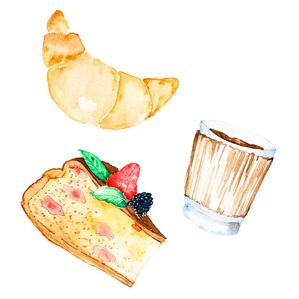 istock Coffee, cake and croissant. Watercolor illustration 486754234