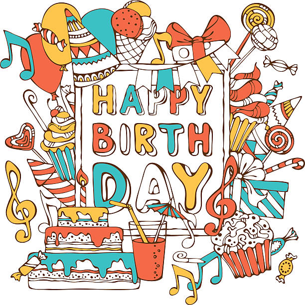 illustrazioni stock, clip art, cartoni animati e icone di tendenza di disegnate a mano buon compleanno carta di credito. - party hat hat white background blue