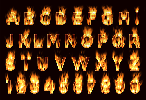 Fire font. Plum letters. Characters in the fire. Font on fire.