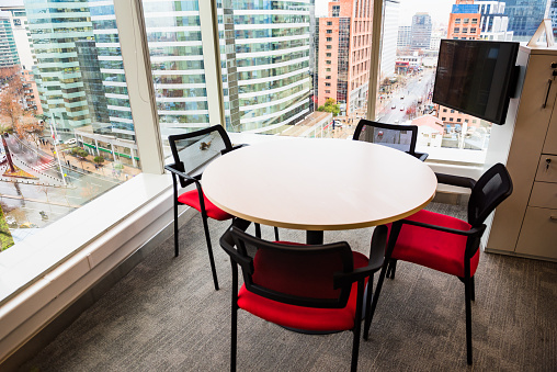 Business meeting table in a modern building.