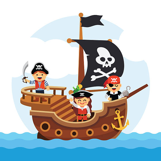 ilustrações de stock, clip art, desenhos animados e ícones de rapaz criança pirata de vela navio de mar - sailing ship military ship passenger ship pirate