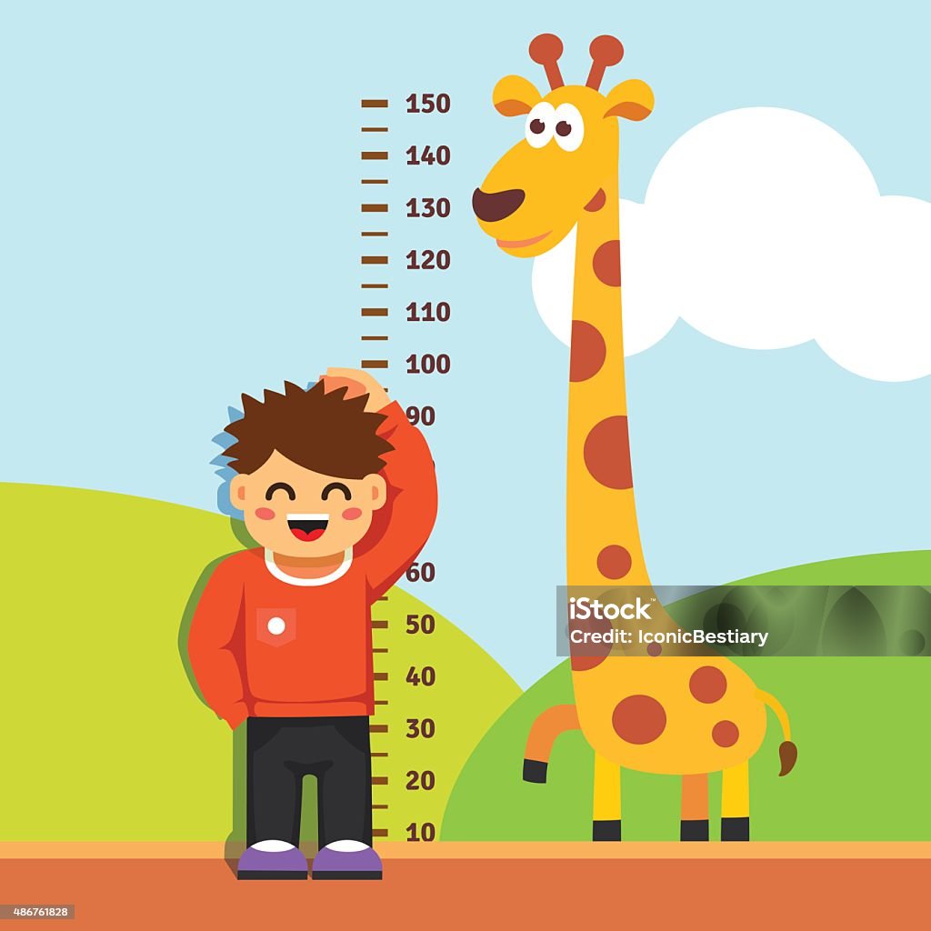 Boy kid measuring his height at kindergarten wall Boy kid is measuring his height with painted graduations on the kindergarten wall. Vector flat style isolated cartoon illustration. Child stock vector