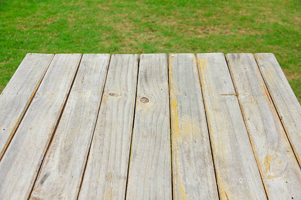 istock Stock Photo: Wood plank on natural green grass 486761928