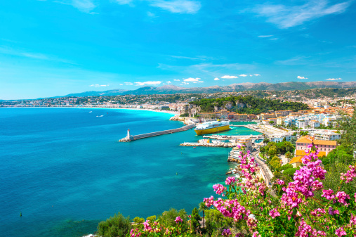 Nice city, french riviera, France. Turquoise mediterranean sea and perfect blue sky
