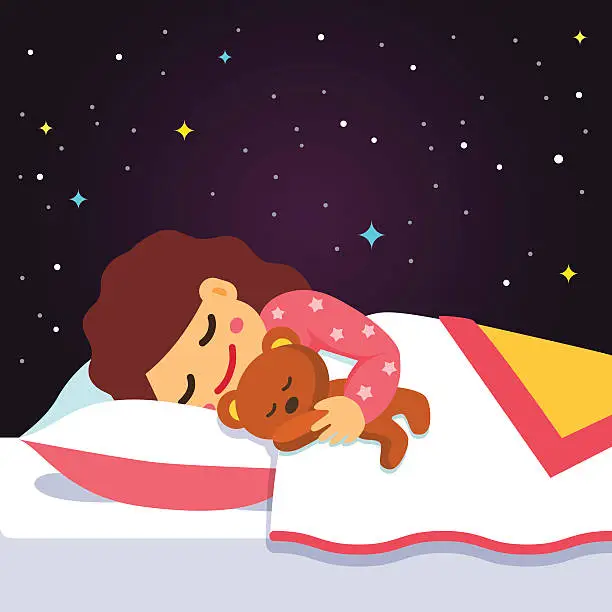 Vector illustration of Cute sleeping and dreaming girl with teddy bear